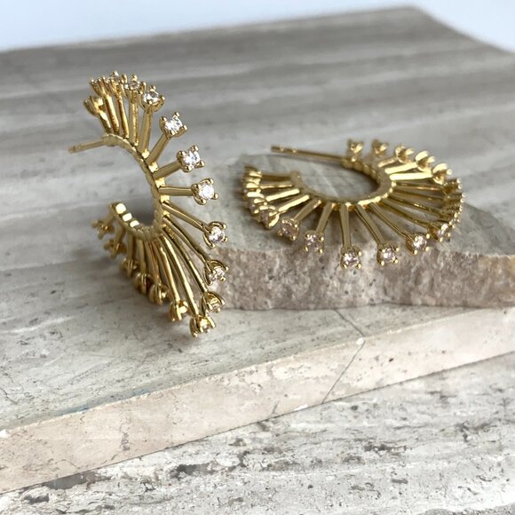New ~ Anthropologie Gold Sunburst Crystal Tip Hoop Earrings - Picture 2 of 7